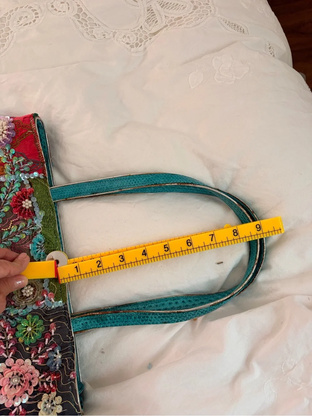 Vintage Embroidered Floral Patchwork Tote in Turquoise and Multicolor